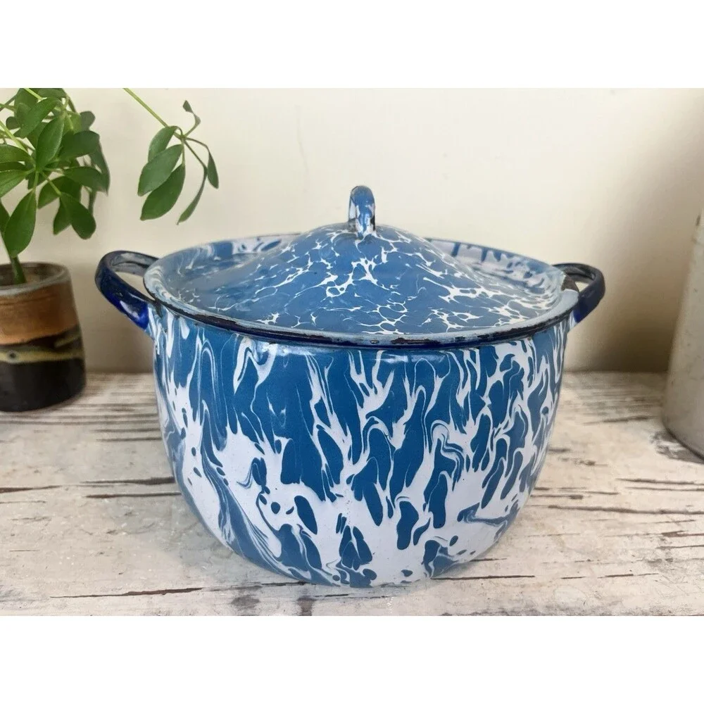 Antique Blue Swirl Graniteware Saucepan W/Lid And Handles 8”x 6” Country Rare